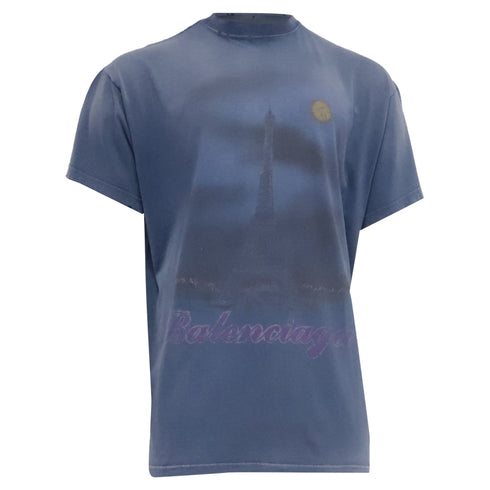 Men's Balenciaga Paris Moon T-Shirt in Blue Cotton