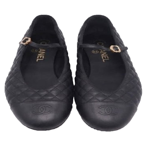 Women's Chanel CC Cap-Toe Quilted Mary Jane Ballet Flats in Black Leather
