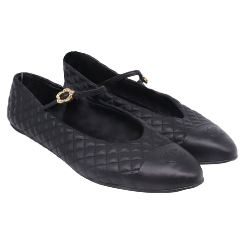 Women's Chanel CC Cap-Toe Quilted Mary Jane Ballet Flats in Black Leather