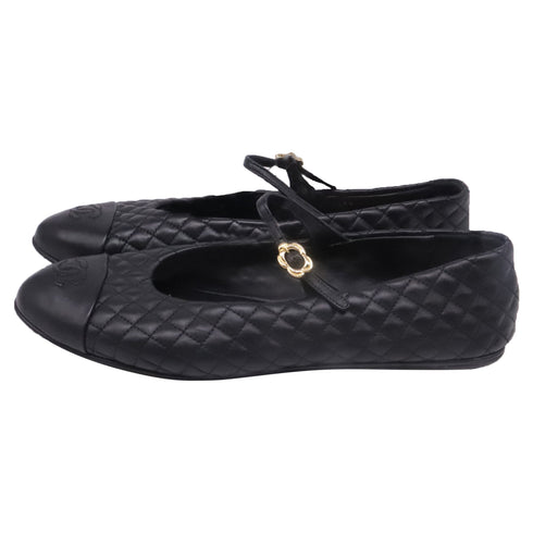Women's Chanel CC Cap-Toe Quilted Mary Jane Ballet Flats in Black Leather