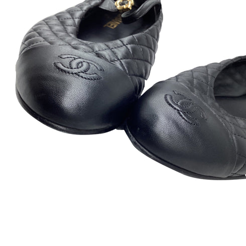 Women's Chanel CC Cap-Toe Quilted Mary Jane Ballet Flats in Black Leather