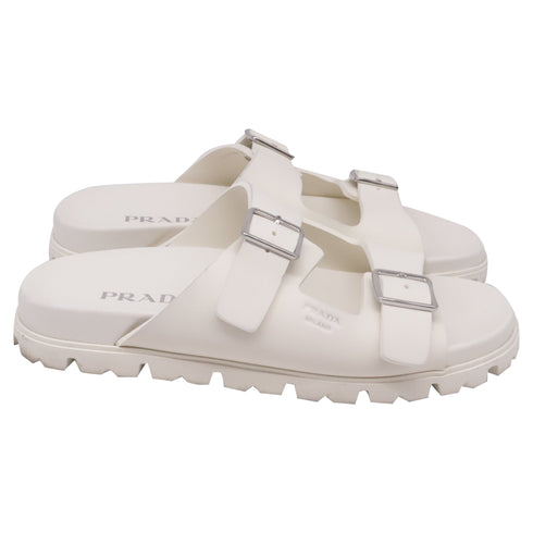 Women's Prada Double-Buckled Strap Slide Sandals in White Rubber