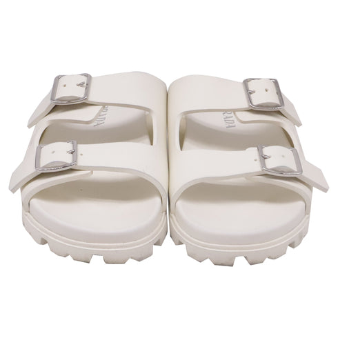 Women's Prada Double-Buckled Strap Slide Sandals in White Rubber