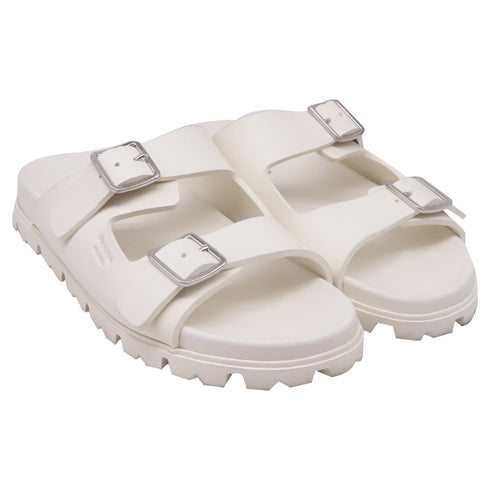 Women's Prada Double-Buckled Strap Slide Sandals in White Rubber