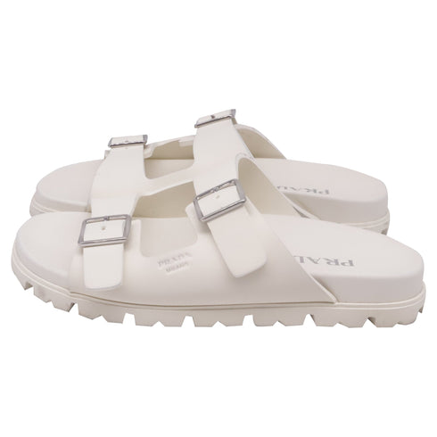 Women's Prada Double-Buckled Strap Slide Sandals in White Rubber