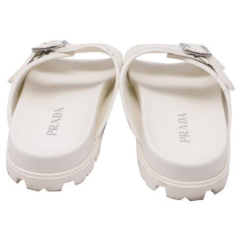 Women's Prada Double-Buckled Strap Slide Sandals in White Rubber