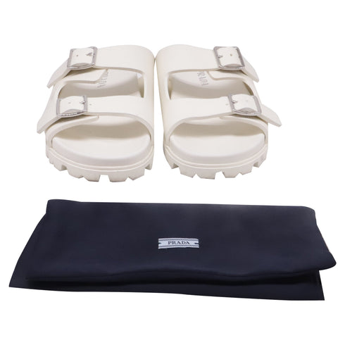 Women's Prada Double-Buckled Strap Slide Sandals in White Rubber