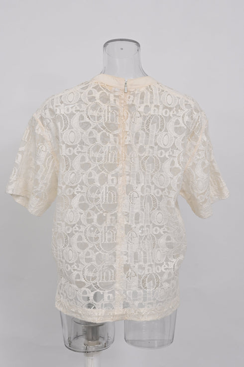 Women's Chloé Logo Lace Patterned Blouse in Ivory Cotton