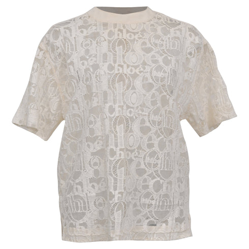 Women's Chloé Logo Lace Patterned Blouse in Ivory Cotton