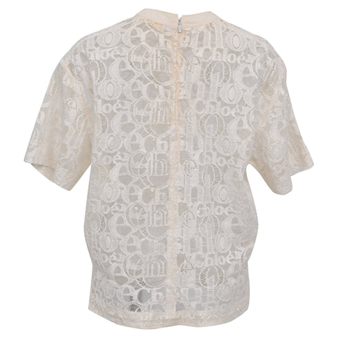 Women's Chloé Logo Lace Patterned Blouse in Ivory Cotton