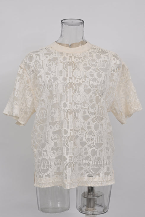 Women's Chloé Logo Lace Patterned Blouse in Ivory Cotton