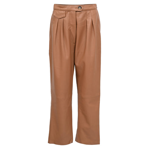 Women's Nanushka Mitsu High-Rise Pleated Trousers in Brown Faux Leather