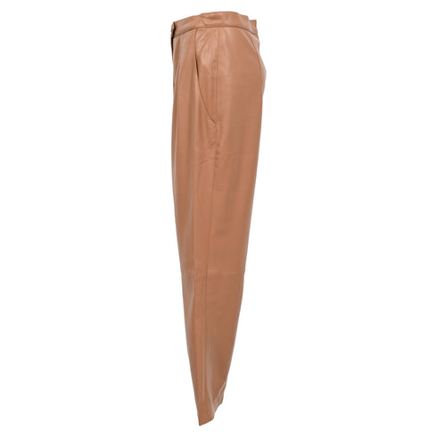 Women's Nanushka Mitsu High-Rise Pleated Trousers in Brown Faux Leather