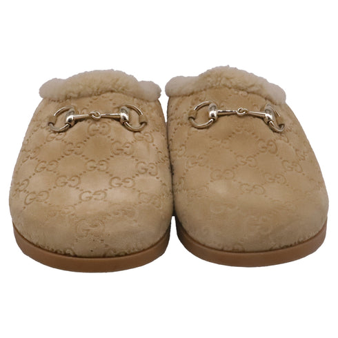 Women's Gucci Sol Horsebit Shearling Mules in Beige Suede