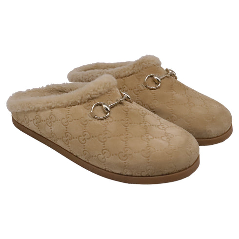 Women's Gucci Sol Horsebit Shearling Mules in Beige Suede