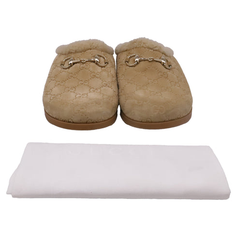 Women's Gucci Sol Horsebit Shearling Mules in Beige Suede