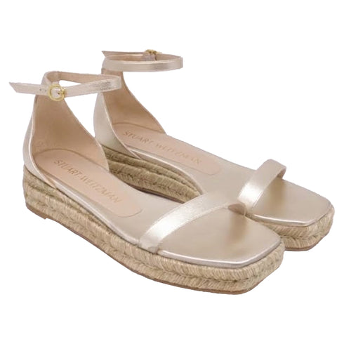 Women's Stuart Weitzman Nudistcurve Espadrille Flat Sandals in Metallic Gold Leather