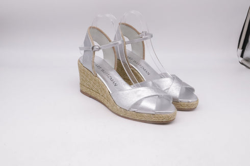 Women's Stuart Weitzman Mirela II Espadrille Wedge in Silver Leather