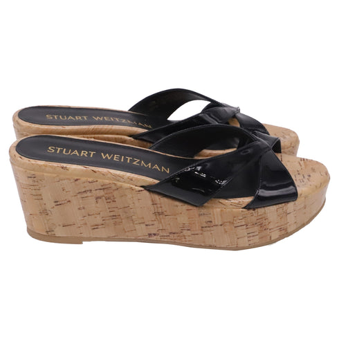 Women's Stuart Weitzman Carmen Wedge Sandals in Black Patent Leather