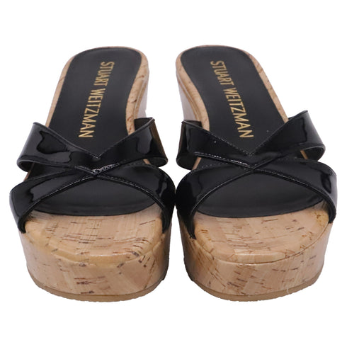 Women's Stuart Weitzman Carmen Wedge Sandals in Black Patent Leather