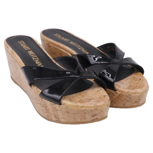 Women's Stuart Weitzman Carmen Wedge Sandals in Black Patent Leather