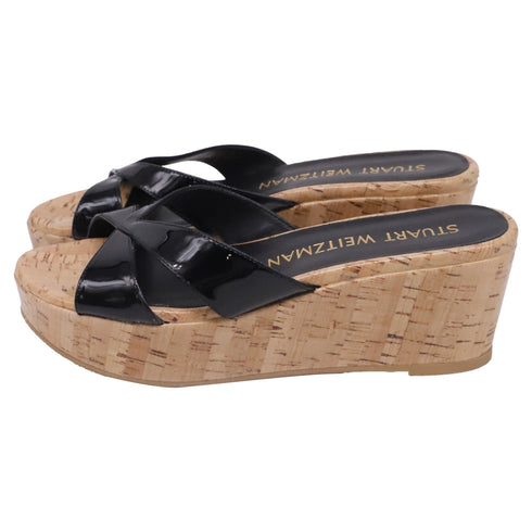 Women's Stuart Weitzman Carmen Wedge Sandals in Black Patent Leather
