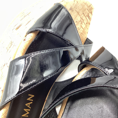 Women's Stuart Weitzman Carmen Wedge Sandals in Black Patent Leather