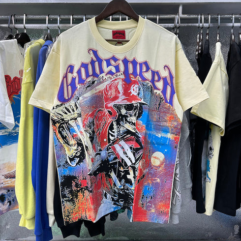Godspeed T-shirts Skull Baseball Players Printed Cotton Casual Short Sleeves Men and Women