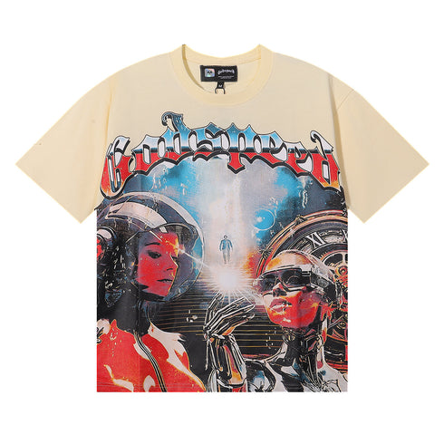Godspeed T-shirts Astronaut Robot Printed Cotton Casual Short Sleeve Men and Women