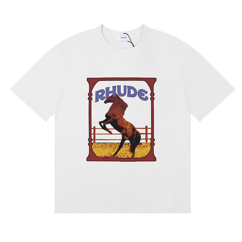 Rhude T-shirts Horse Frame Printing Cotton Casual Short Sleeve Men and Women