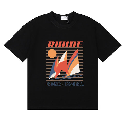Rhude T-shirts Sailing Sunset Print Cotton Casual Crew Neck Short Sleeve Men and Women