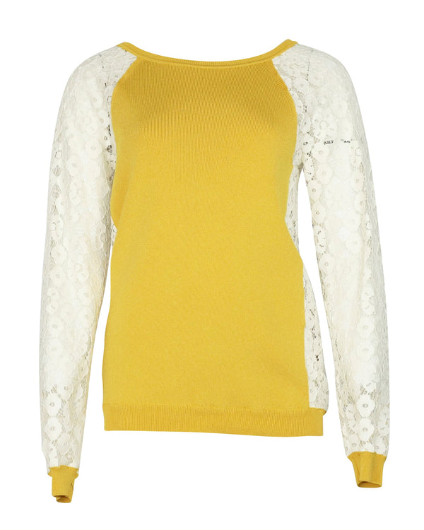 Women's Moschino Cheap and Chic Knit Sweater with Lace Sleeves in Yellow Rayon