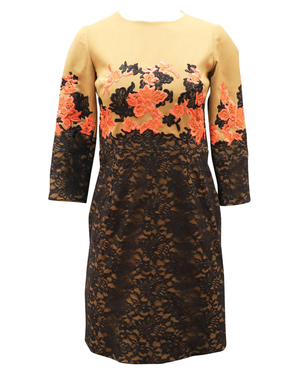 Women's Erdem Lace Embroidered Shift Dress in Tan Linen
