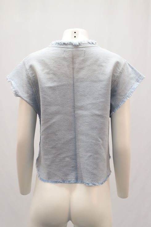 Women's Iro Jean Florie Frayed Sleeves Top in Light Blue Denim
