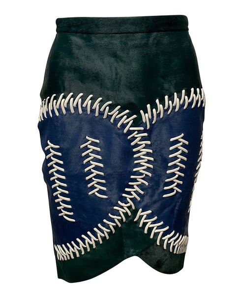 Women's Peter Pilotto Color Block Fur Skirt with Lace Detail in Multicolor Leather