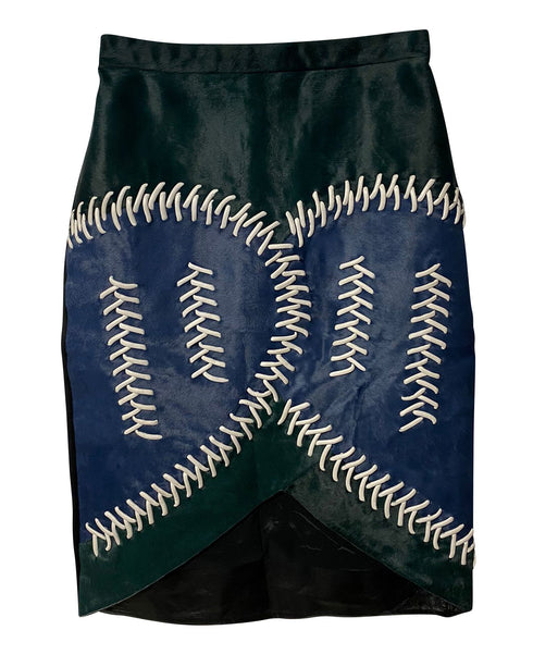 Women's Peter Pilotto Color Block Fur Skirt with Lace Detail in Multicolor Leather