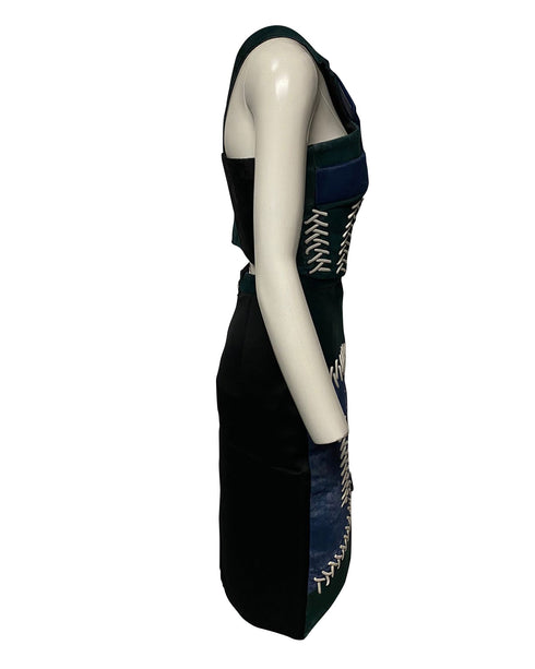 Women's Peter Pilotto Color Block Fur Skirt with Lace Detail in Multicolor Leather