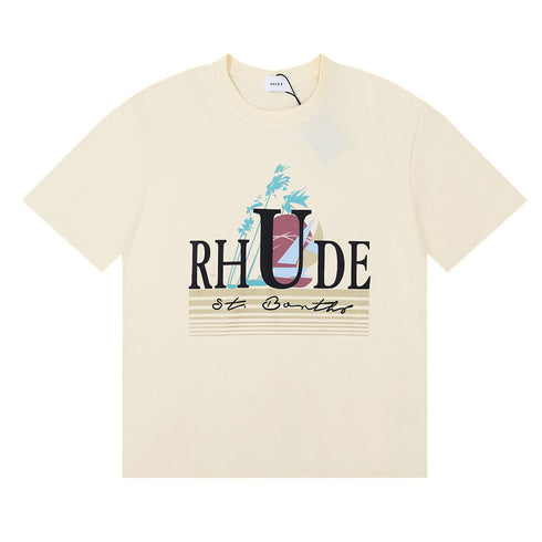 Rhude T-shirts Coconut Sunset Sailing Printing Cotton Casual Loose Short Sleeve Men and Women