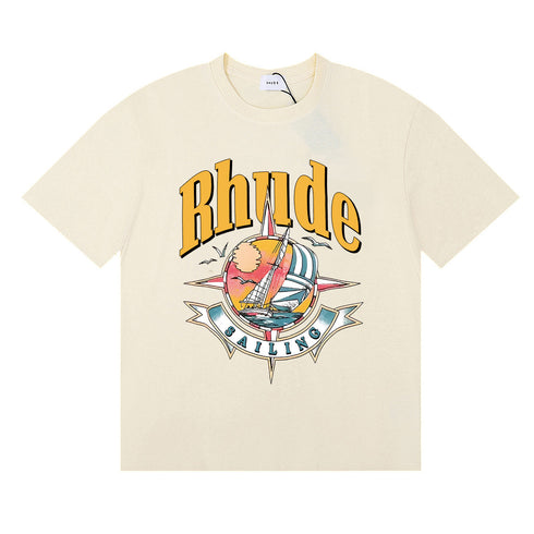 Rhude T-shirts Sailing Nautical Printing Cotton Casual Short Sleeves Men and Women