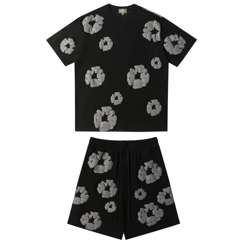 Denim Tears Outfit:T-shirt/Shorts (Separate Purchase Options) Puff Print Short Sleeve T-shirt Loose Couple Shorts Suit