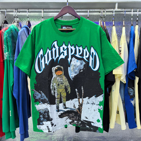 Godspeed T-shirts Astronaut Moon Landing Print Cotton Casual Short Sleeve Men and Women