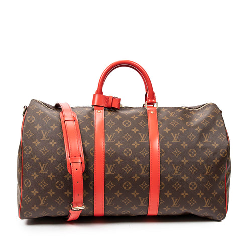Keepall Bandouliere Bag Monogram Canvas with Coquelicot Leather Trim 50