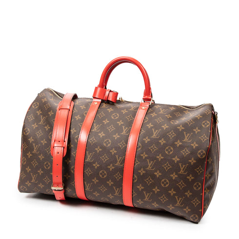 Keepall Bandouliere Bag Monogram Canvas with Coquelicot Leather Trim 50