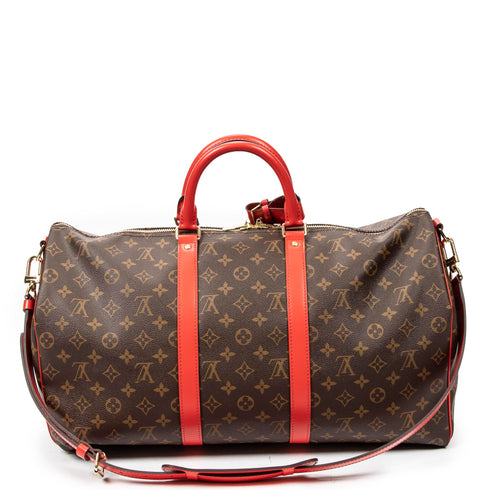 Keepall Bandouliere Bag Monogram Canvas with Coquelicot Leather Trim 50