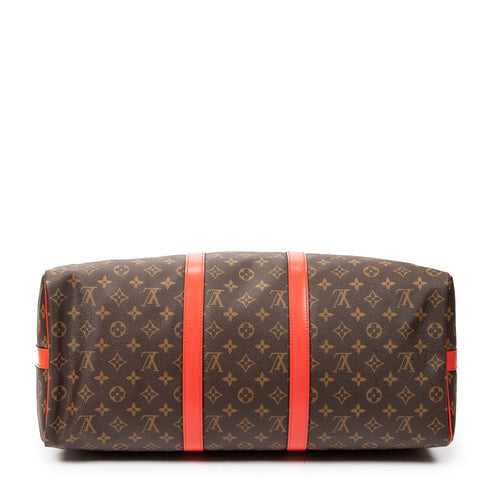 Keepall Bandouliere Bag Monogram Canvas with Coquelicot Leather Trim 50