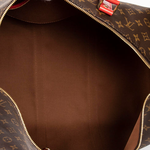 Keepall Bandouliere Bag Monogram Canvas with Coquelicot Leather Trim 50