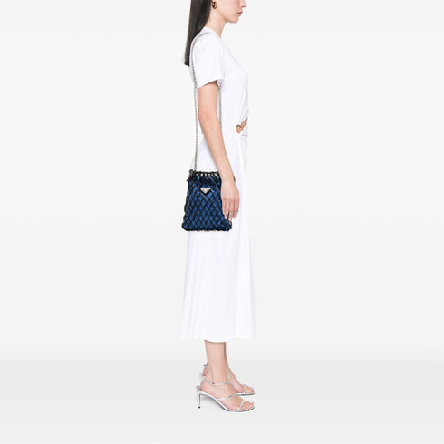 Fishnet Chain Crossbody Bag Woven Leather and Satin