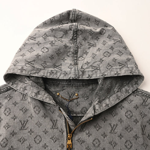 Louis Vuitton All-Over Monogram Jacquard Zip-Up Hooded Denim Jacket