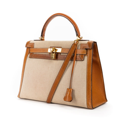 Kelly Handbag Toile and and Brown Courchevel with Gold Hardware 32