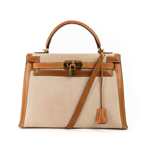 Kelly Handbag Toile and and Brown Courchevel with Gold Hardware 32